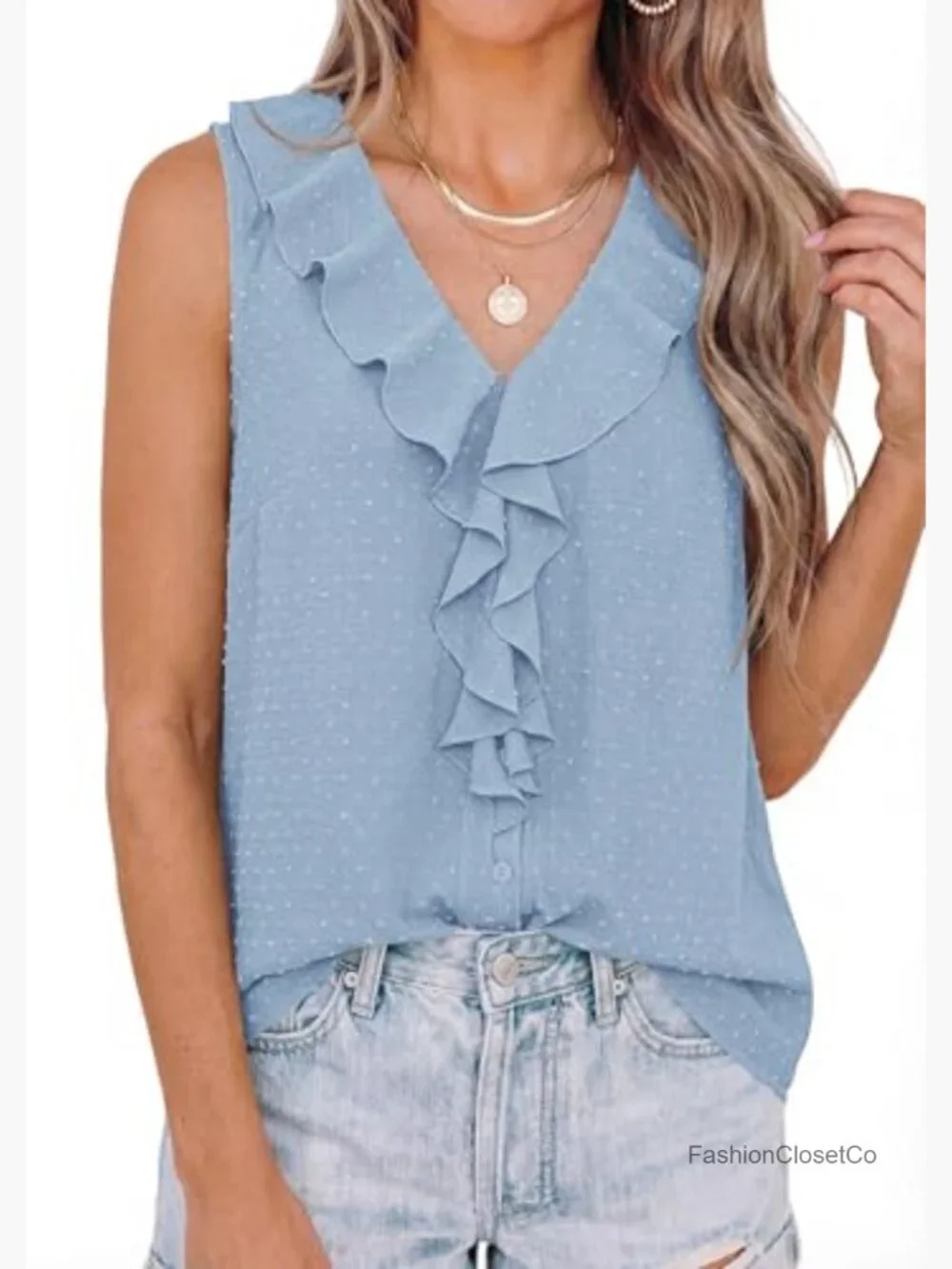 Ruffle Swiss Dot V-Neck Sleeveless Button Down Tank Top Blouse - Picture 5 of 7